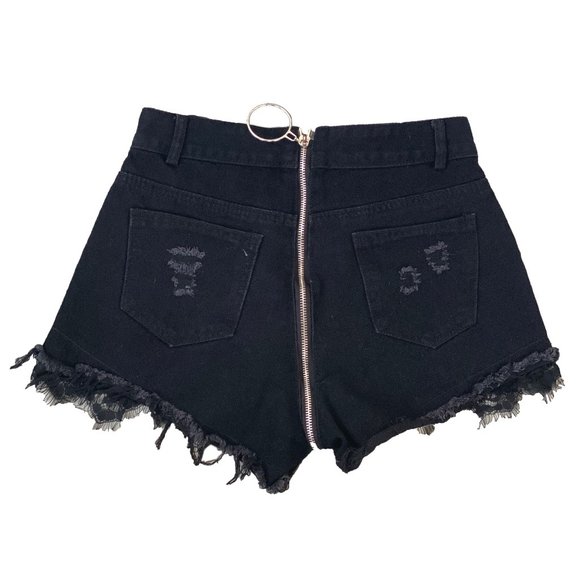 Black all round o-ring Zip up shorts with lace detail - Picture 2 of 2
